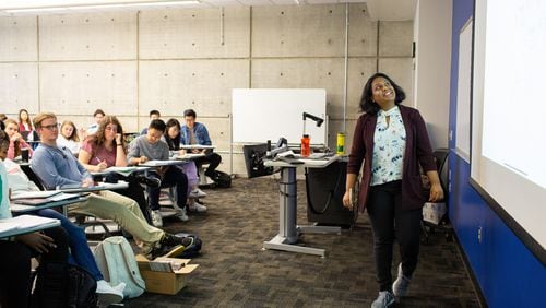 Georgia Tech assistant professor Swati Gupta goes over a practice exam during class on Thursday, Oct. 17, 2019, in Atlanta, Georgia. Gupta, concerned about ethical issues in artificial intelligence, is teaching a new generation of computer engineers and artificial intelligence specialists who are writing and will be writing the code that powers AI. (Photo/Rebecca Wright for the Atlanta Journal-Constitution)