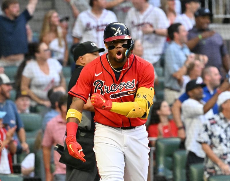 Atlanta Braves' right fielder Ronald Acuna Jr. (13) celebrates after hitting a 3-run home run in the second inning at Truist Park on Friday, July 8, 2022. (Hyosub Shin / Hyosub.Shin@ajc.com)