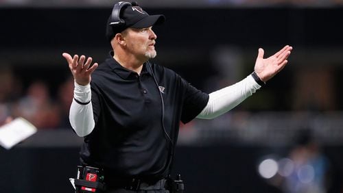 Falcons head coach Dan Quinn of the Atlanta Falcons reacts during the second half against the Packers at Mercedes-Benz Stadium on September 17 in Atlanta.