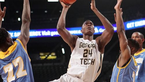 November 14, 2016, Atlanta: Georgia Tech forward Sylvester Ogbonda takes it to the basket against a pair of Southern Jaguars defenders in an NCAA college basketball game at McCamish Pavilion on Monday, Nov. 14, 2016, in Atlanta.    Curtis Compton/ccompton@ajc.com