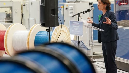 U.S. Secretary of Commerce Gina Raimondo speaks during a press conference at the OFS fiber optic cable manufacturing facilityon Friday, May 10, 2024, in Norcross. (Elijah Nouvelage for The Atlanta Journal-Constitution)