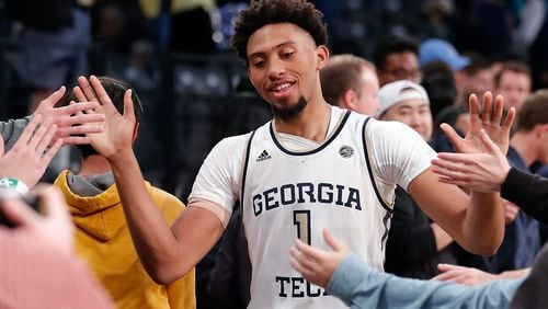 Georgia Tech forward James Banks III (1) celebrates with fans after defeating Wake Forest 92-79 in an NCAA college basketball game, Saturday, Jan. 5, 2019, in Atlanta. (AP Photo/John Bazemore)