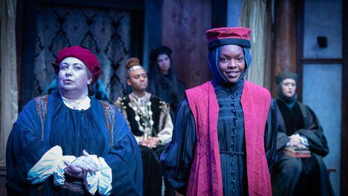 Shylock (Rivka Levin) is outwitted by a costumed Portia (Destiny Freeman), posing as a doctor, during the climactic trial of Atlanta Shakespeare Company's "The Merchant of Venice." (Photos by Jeff Watkins)