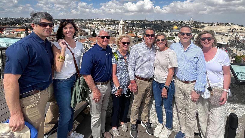 Georgia Gov. Brian Kemp (fourth from right) leads a state delegation to Israel that includes his wife, Marty; House Speaker Jon Burns and wife Dayle; Senate GOP leader John Kennedy and wife Susan; and state Rep. Shaw Blackmon and wife Whitney. (Photo: Greg Bluestein / Greg.Bluestein@ajc.com)