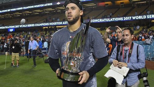 George Springer with the World Series MVP trophy after Game 7.