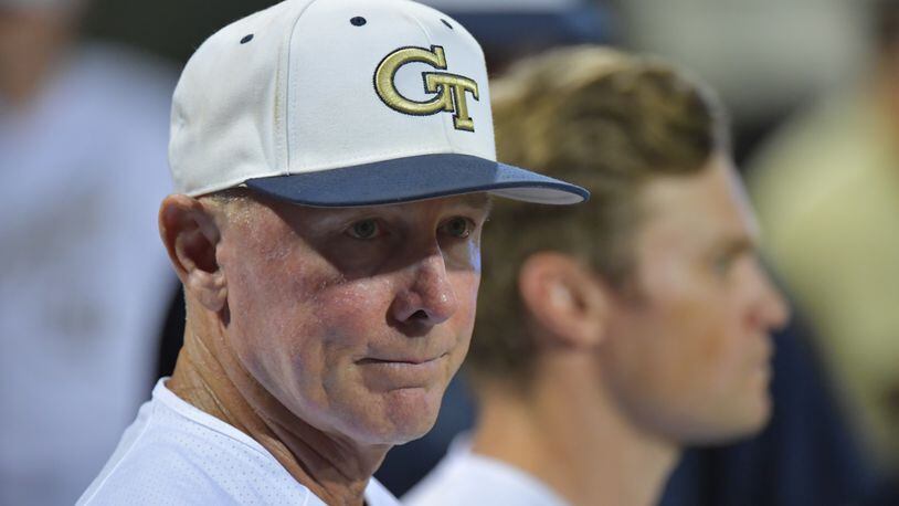 May 31, 2019 Atlanta - Georgia Tech head coach Danny Hall watches from dugout in the 6th inning during the first game of the NCAA regionals at Russ Chandler Stadium in Georgia Tech campus on Friday, May 31, 2019. Georgia Tech won 13-2 over the Florida A&M. HYOSUB SHIN / HSHIN@AJC.COM