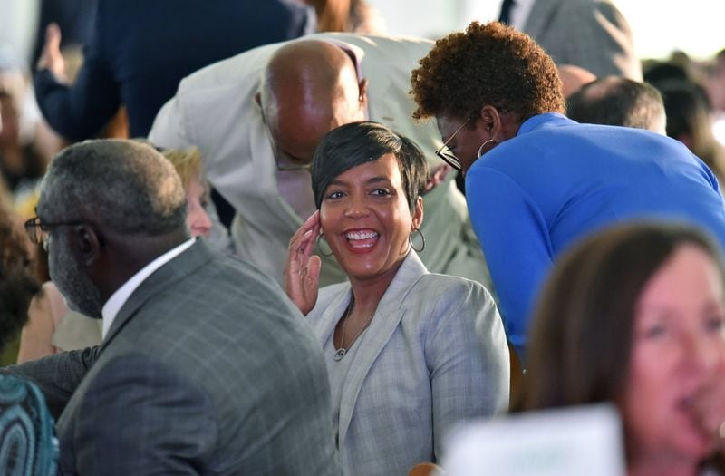 April 25, 2019 Atlanta - Mayor Keisha Lance Bottoms is greeted by guests during 2019 Piedmont Park Conservancy luncheon at The Promenade at Legacy Fountain at Piedmont Park on Thursday, April 25, 2019. For more than two decades, hundreds of Atlantans have gathered under the tent every spring to support beautiful Piedmont Park. HYOSUB SHIN / HSHIN@AJC.COM