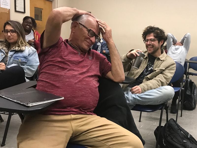 Jerry Valencia laughs during class at Cal State Long Beach recently.  Valencia is a 63 year old junior at the college. (Steve Lopez/Los Angeles Times/TNS)