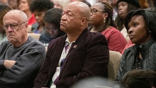 Maj. Craig Owens, who is running for Sheriff of Cobb County, listens during a town hall meeting hosted by the ACLU of Georgia, Cobb County Southern Christian Leadership Conference and La Gente de Cobb to discuss the conditions at the Cobb County Detention Center Monday, Dec. 9, 2019 at Life Church in Marietta, Ga. PHOTO BY ELISSA BENZIE