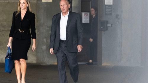Trump Lawyers Jennifer Little (left) and  Steve Sadow walk out of the Richard B. Russell Federal Courthouse after hearing Mark Meadow’s testimony to move the Georgia Rico case to Federal Court on August 28, 2023 in Atlanta. (Michael Blackshire/Michael.blackshire@ajc.com)
