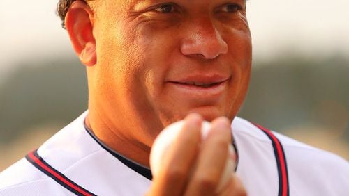 Bartolo Colon, at 43 the oldest player in the majors, has quickly become a popular figure in the Braves clubhouse and among the team’s fan base. (Curtis Compton/AJC file photo)