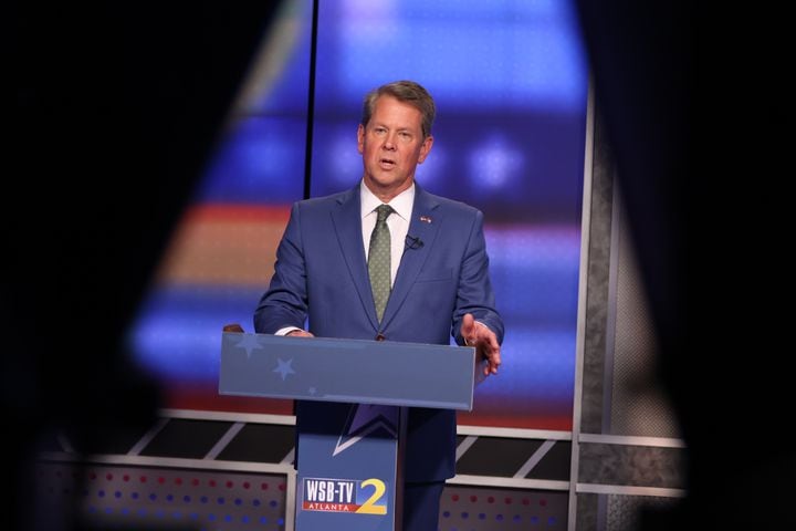 Georgia Gov. Brian Kemp talks to the camera and viewers during his closing statement at WSB-TV on Sunday, April 24, 2022, during the first of three scheduled debates in the GOP primary for governor. (Photo: Miguel Martinez/miguel.martinezjimenez@ajc.com)