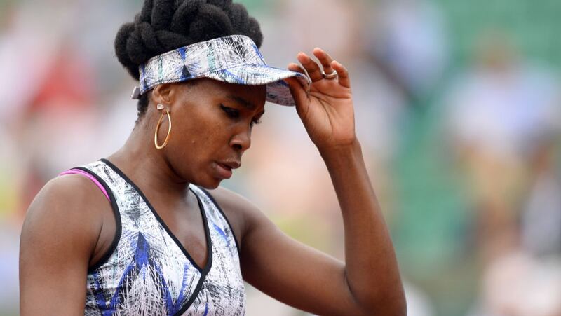 Venus Williams of the United States of America reacts during her Women's single match against Elise Mertens of Belgium on day six of the 2017 French Open at Roland Garros on June 02, 2017 in Paris, France.  (Photo by Aurelien Meunier/Getty Images)