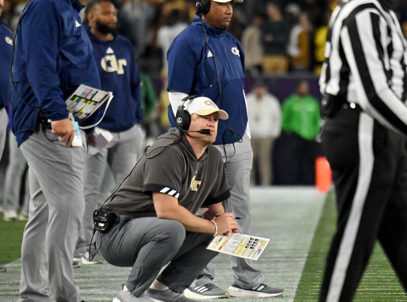 Georgia Tech head coach Brent Key watches from sideline during the second half of an NCAA college football game at Georgia Tech's Bobby Dodd Stadium, Saturday, November 25, 2023, in Atlanta. Georgia won 31-23 over Georgia Tech. (Hyosub Shin / Hyosub.Shin@ajc.com)