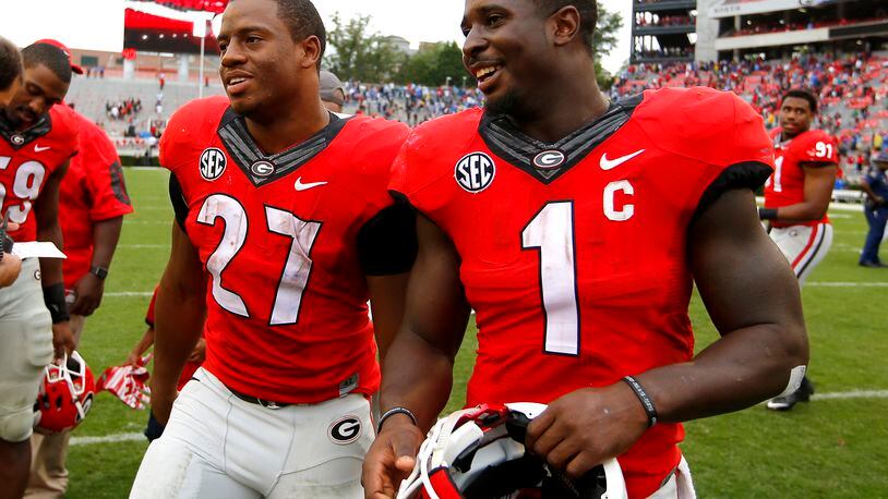 ATHENS, GA - Running backs Nick Chubb #27 and Sony Michel #1 (Photo by Todd Kirkland/Getty Images)