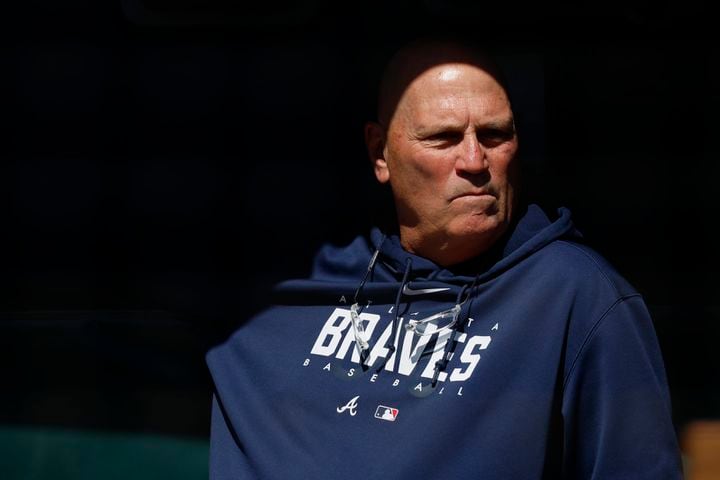 Atlanta Braves manager Brian Snitker (43) watches the warm-ups prior to the game against the Astros at Truist Park, Sunday, April 23, 2023, in Atlanta. 
Miguel Martinez / miguel.martinezjimenez@ajc.com 