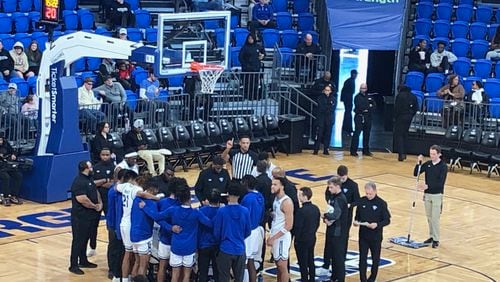 Georgia State huddles during a timeout during its 100-66 win over Coastal Carolina on Jan. 14, 2023 at the GSU Convocation Center. (Stan Awtrey, for the AJC)
