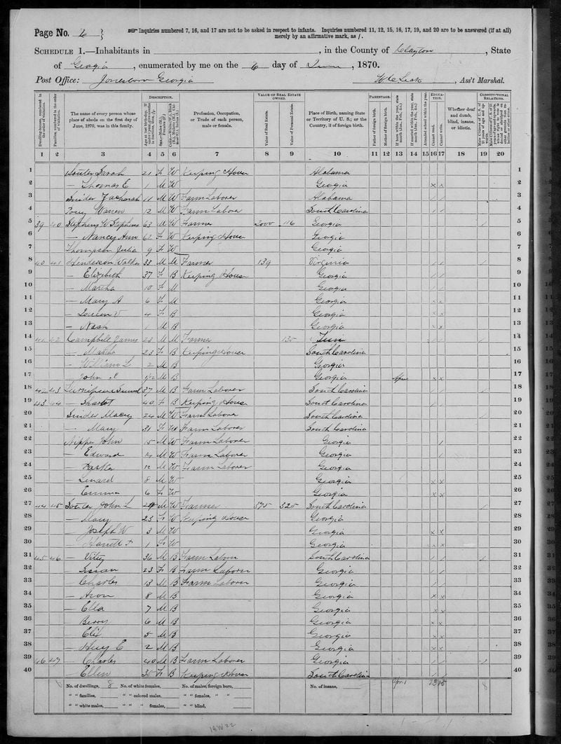 The 1870 census revealed that Meghan Markle's ancestor Martha "Mattie" Henderson, was a 10-year-old girl living in Jonesboro, Ga. Image: courtesy Family Search