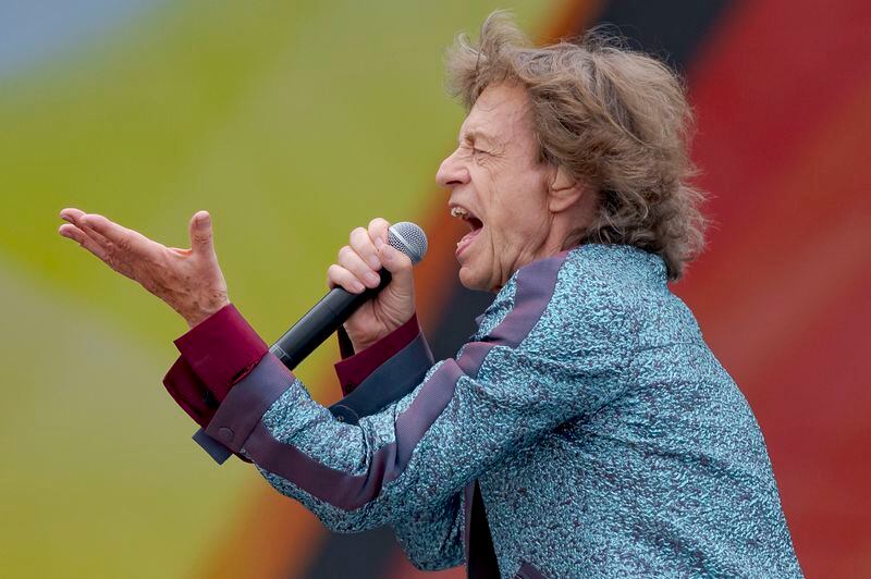 Mick Jagge,r of the Rolling Stones, performs during the New Orleans Jazz and Heritage Festival in New Orleans, Thursday, May 2, 2024. (AP Photo/Matthew Hinton)
