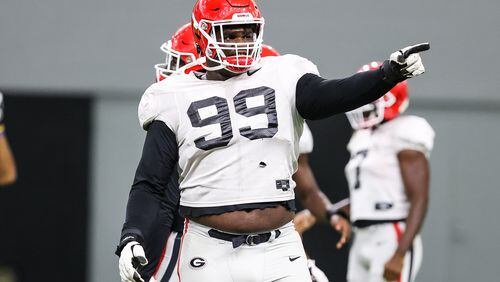 Georgia defensive lineman Jordan Davis (99) during the Bulldogs’ practice session in Athens, Ga., on Tuesday, Sept. 15, 2020. (Photo by Tony Walsh)