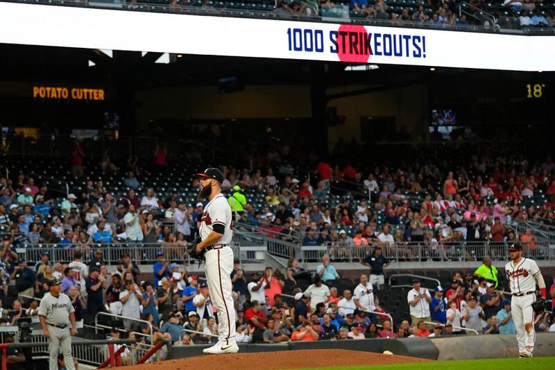 Braves pitcher Dallas Keuchel stands on the mound after getting his 1,000th career strikeout. (AP Photo/John Amis)
