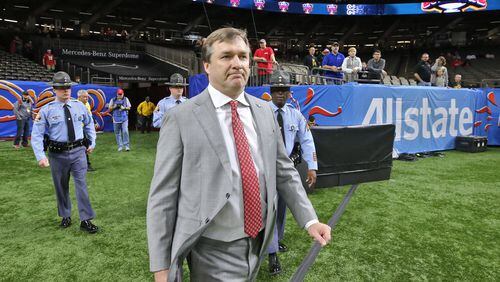 Georgia Bulldogs head coach Kirby Smart heads out to walk the field after the team arrived for the Sugar Bowl football game between the Georgia Bulldogs and the Baylor Bears at the Superdome in New Orleans on Jan. 1, 2020.  Bob Andres  bandres@ajc.com