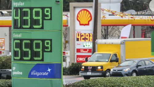 March 9, 2022 Atlanta: Competing gas stations along Barrett Parkway at Cobb Place Boulevard in Cobb County were 10 cents apart on their price for regular unleaded gasoline on Wednesday, March 9, 2022. (John Spink / John.Spink@ajc.com)