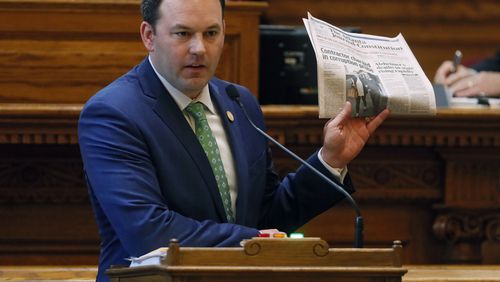 The sponsor, state Sen. Burt Jones, R-Jackson, made his case for his bill to give the state control of Hartsfield-Jackson airport as he unfurled a copy of The Atlanta Journal-Constitution featuring a front-page article about the indictment of the contractor, Jeff Jafari. Bob Andres, bandres@ajc.com