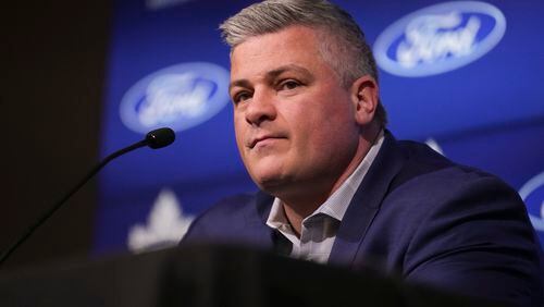Toronto Maple Leafs head coach Sheldon Keefe speaks to the media at an end of season press conference in Toronto Monday, May 6, 2024. The Maple Leafs lost to the Boston Bruins in the first round of the Stanley Cup NHL hockey playoffs. (Chris Young/The Canadian Press via AP)