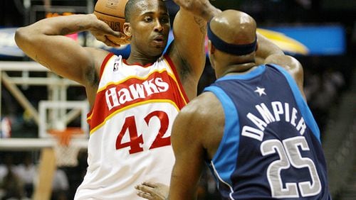 Lorenzen Wright, left, is shown during his second stint with the Atlanta Hawks.