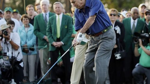 Arnold Palmer hits his final Masters honorary tee shot prior to the 2015 tournament. (AP Photo/Matt Slocum)