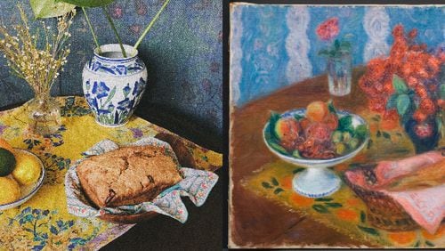 William James Glackens, Still Life with Roses and Fruit, ca. 1924 on the right and the High Museum’s real life recreation of it on the left. This is part of the museum’s #HighMuseumatHome Instagram challenge launched once the COVID-19 pandemic forced the museum to close earlier this month.