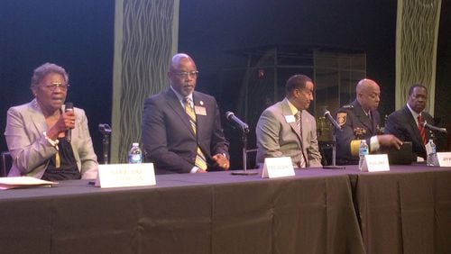 Five candidates running for DeKalb County sheriff will meet in the May 24 Democratic primary election. The candidates are Geraldine Champion, Ted Golden, Kyle Jones, Jeff Mann and Michael Williams. They met during a debate at New Life Church on May 16, 2016. MARK NIESSE / MARK.NIESSE@AJC.COM