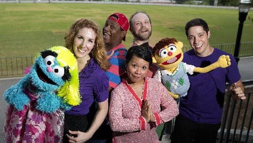 "Avenue Q" cast members Molly Coyne (from left), Spencer Stephens, Natalie Gray, Matt Nitchie and Nick Arapogolou at the Promenade green space in Piedmont Park. PHIL SKINNER / FOR THE AJC