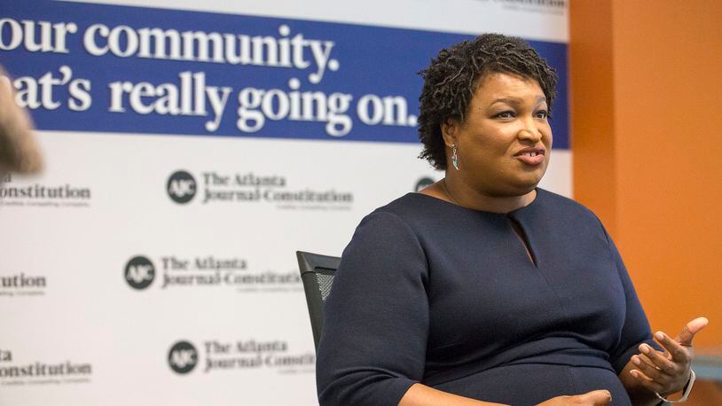 Democratic candidate for governor Stacey Abrams during an editorial board meeting at the Atlanta Journal=Constitution on Friday. ALYSSA POINTER/ALYSSA.POINTER@AJC.COM