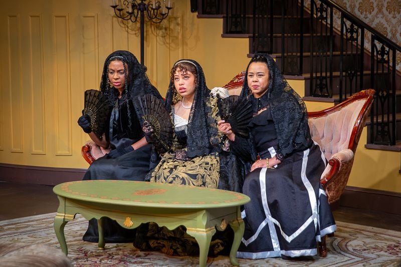 From left,  Tequilla Whitfield, Kenedi Deal and Margaret Ivey play Beatrice’s three daughters whose public mourning is only partly authentic. Photo: Shannel Resto