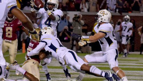 October 24, 2015 Atlanta: Georgia Tech Yellow Jackets defensive back Jamal Golden makes an interception in the end zone to stop the Florida State Seminoles' drive late in the 4th quarter Saturday October 24, 2015. BRANT SANDERLIN/BSANDERLIN@AJC.COM