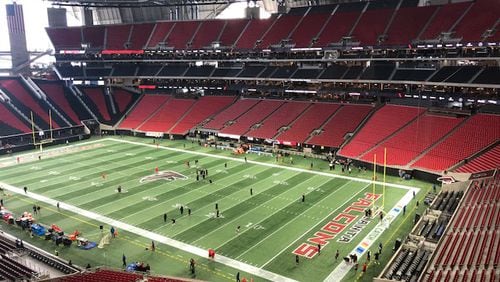 Pressbox view from Mercedes-Benz Stadium before the Falcons are set to host the Tampa Bay Buccaneers on Sunday, Oct. 14, 2018. (By D. Orlando Ledbetter/dledbetter@ajc.com)