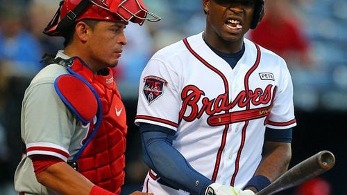 Braves left fielder Justin Upton is listed as day-to-day after being hit by a pitch.