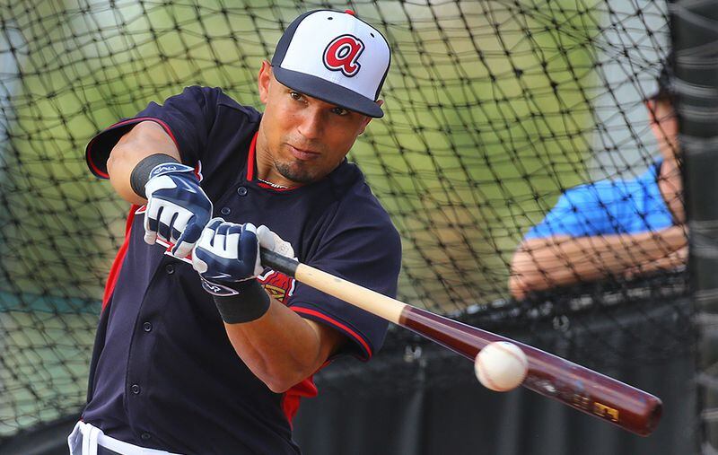 030215 LAKE BUENA VISTA: Braves infielder Jace Peterson gets a hit during batting practice at spring training on Monday, March 2, 2015, in Lake Buena Vista, Fla. Curtis Compton / ccompton@ajc.com Jace Peterson is among the Braves newcomers who've added energy and enthusiasm. (Curtis Compton/AJC photo)