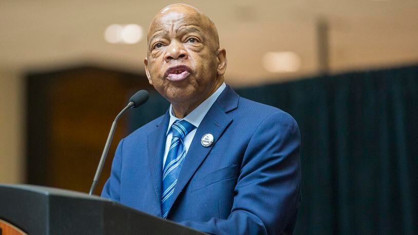 04/08/2019 -- Atlanta, Georgia -- Congressman John Lewis speaks during his art exhibit tribute in the atrium of the domestic terminal at Atlanta's Hartsfield Jackson International Airport, Monday, April 8, 2019. The art exhibit "John Lewis-Good Trouble" was unveiled Monday with historical artifacts, audio and visual installations and tributes to the congressman.  (ALYSSA POINTER/ALYSSA.POINTER@AJC.COM)