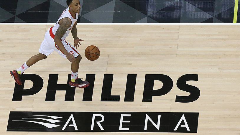Hawks guard Jeff Teague drives the court in Philips Arena against the Wizards Monday, March 21, 2016, in Atlanta. Teague led the Hawks with 23 points.