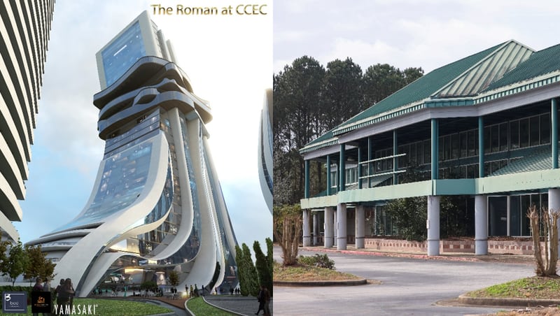 Left is a rendering of one of the buildings proposed for The Roman mixed-use project in Clayton County. Right is a photo of the project site earlier in March, where the existing shuttered grocery store remained standing. The project did not come to fruition.