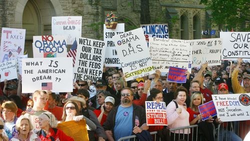 In this AJC file photo from April 15, 2009, tea partyists pack Washington Street in front of the state Capitol.