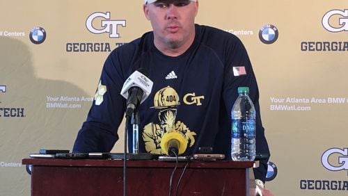 Georgia Tech coach Geoff Collins speaks at his weekly news conference at Bobby Dodd Stadium November 12, 2019. (AJC photo by Ken Sugiura)