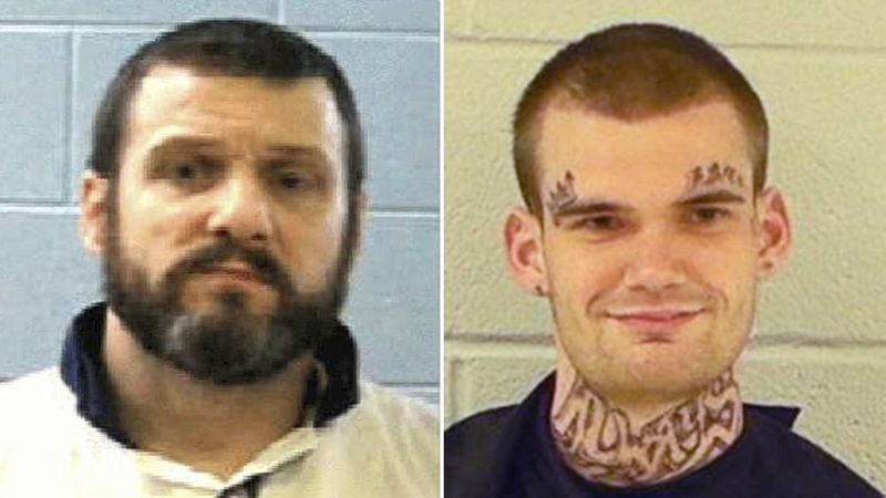 Ricky Dubose (with the tattooed face), is a suspected member of Ghost Face Gangsters. He and Donnie Russell Rowe, at left, were charged with felony murder for allegedly killing two Georgia correctional officers in Putnam County. Photos courtesy of Georgia Department of Corrections/Elbert County Sheriff’s Office.