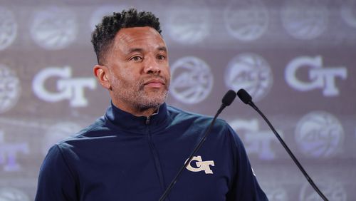 Georgia Tech head coach Damon Stoudamire answers a question at the 2023 ACC Kickoff in Charlotte, N.C., Wednesday, Oct. 25, 2023. (Photo by Nell Redmond/ACC)