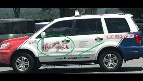 This is a photo of a Braves Taxi vehicle, the design of which the Atlanta Braves claim infringes upon the team's copyright. The green highlights were included in the lawsuit.