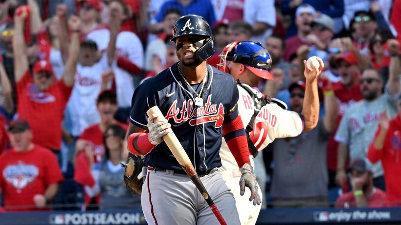 Braves right fielder Ronald Acuna (13) strikes out against the Philadelphia Phillies during Game 4 of the National League Division Series at Citizens Bank Park in Philadelphia on Saturday, October 15, 2022. (Hyosub Shin / Hyosub.Shin@ajc.com)