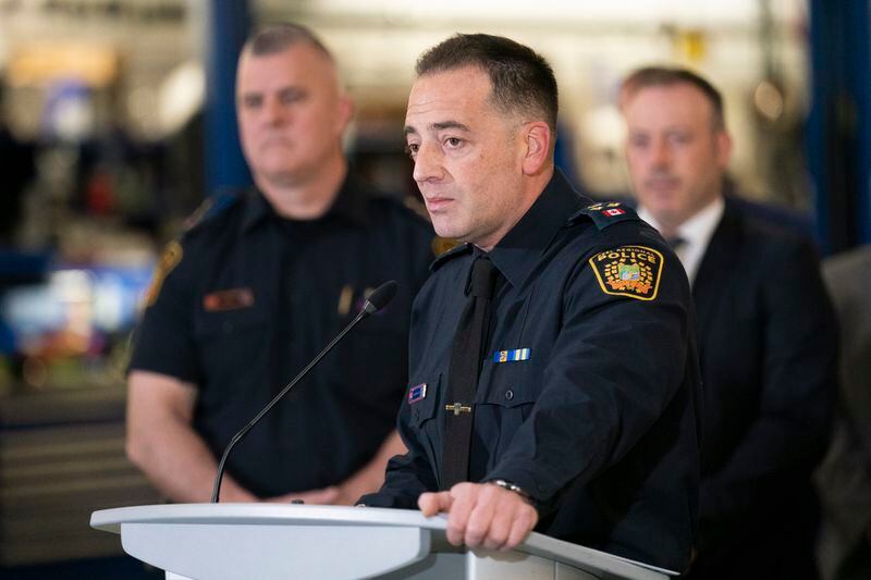 Peel Police Deputy Chief Nick Milinovich speaks to the media at a press conference regarding Project 24K a joint investigation into the theft of gold from Pearson International Airport, in Brampton, Ontario, on Wednesday, April 17, 2024. (Arlyn McAdorey/The Canadian Press via AP)